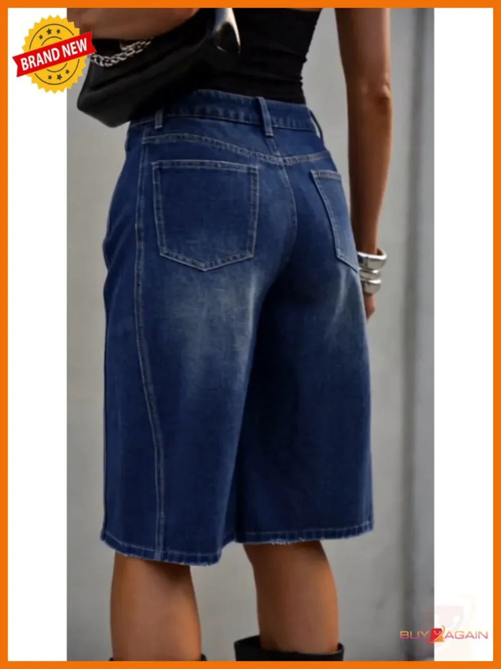 Wide Leg High Waisted Denim Jorts - Long Knee Length Bermuda Shorts